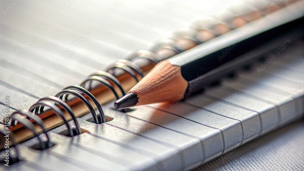 Tilt-shift photography transforms a simple notebook and pencil into a miniature world, captured in black and white. Tilt-shift photography transforms a simple notebook and pencil into a miniature world, captured in black and white.