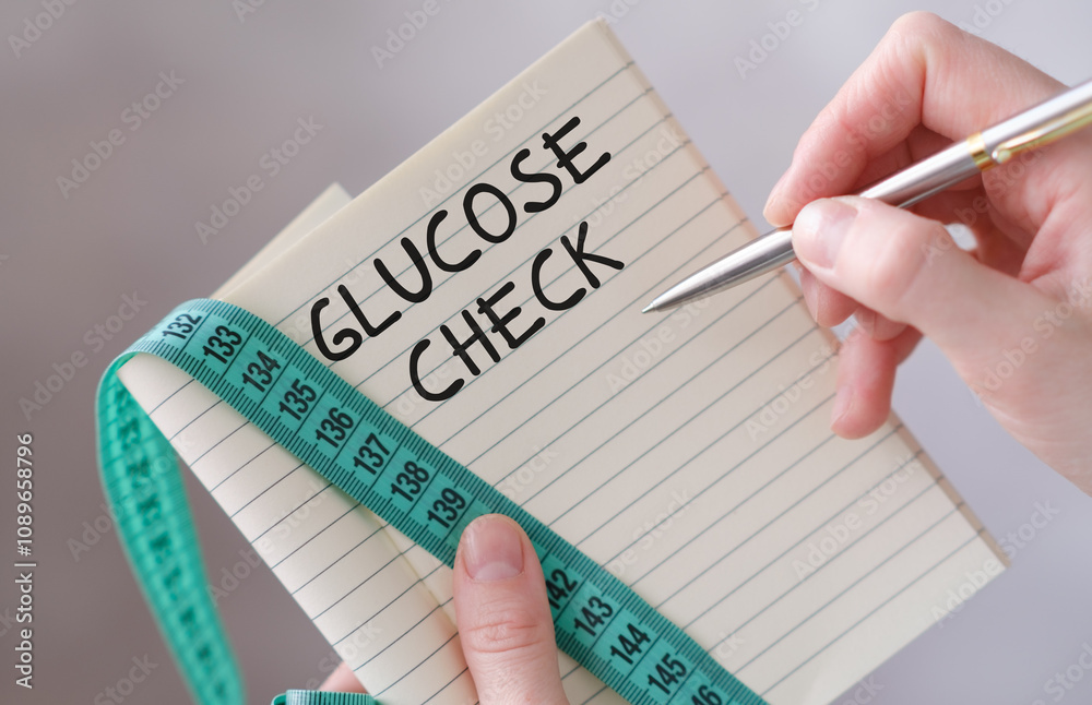 Closeup doctor hands holding white notebook sign with glucose check text message Closeup doctor hands holding white notebook sign with glucose check text message