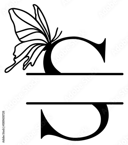 S Split Letter Border | Alphabet Monogram Frame | Decorative Vector Butterfly Design