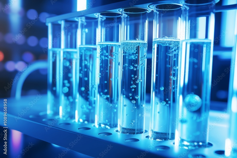 Glass test tubes filled with bubbling blue liquid in a laboratory environment, conducting scientific experiments Glass test tubes filled with bubbling blue liquid in a laboratory environment, conducting scientific experiments