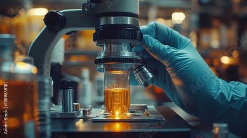 Gloved hand adjusting microscope focusing on yellow liquid sample.