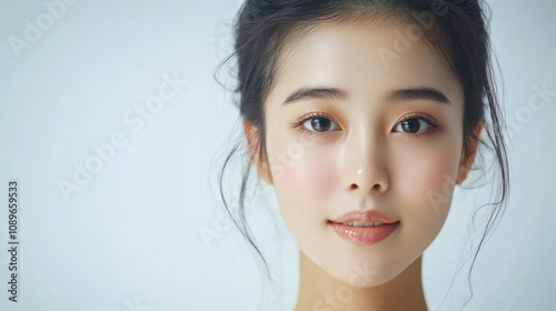  Beautiful young asian woman with clean fresh skin on white background, Face care, Facial treatment, Cosmetology, beauty and spa, Asian women portrait