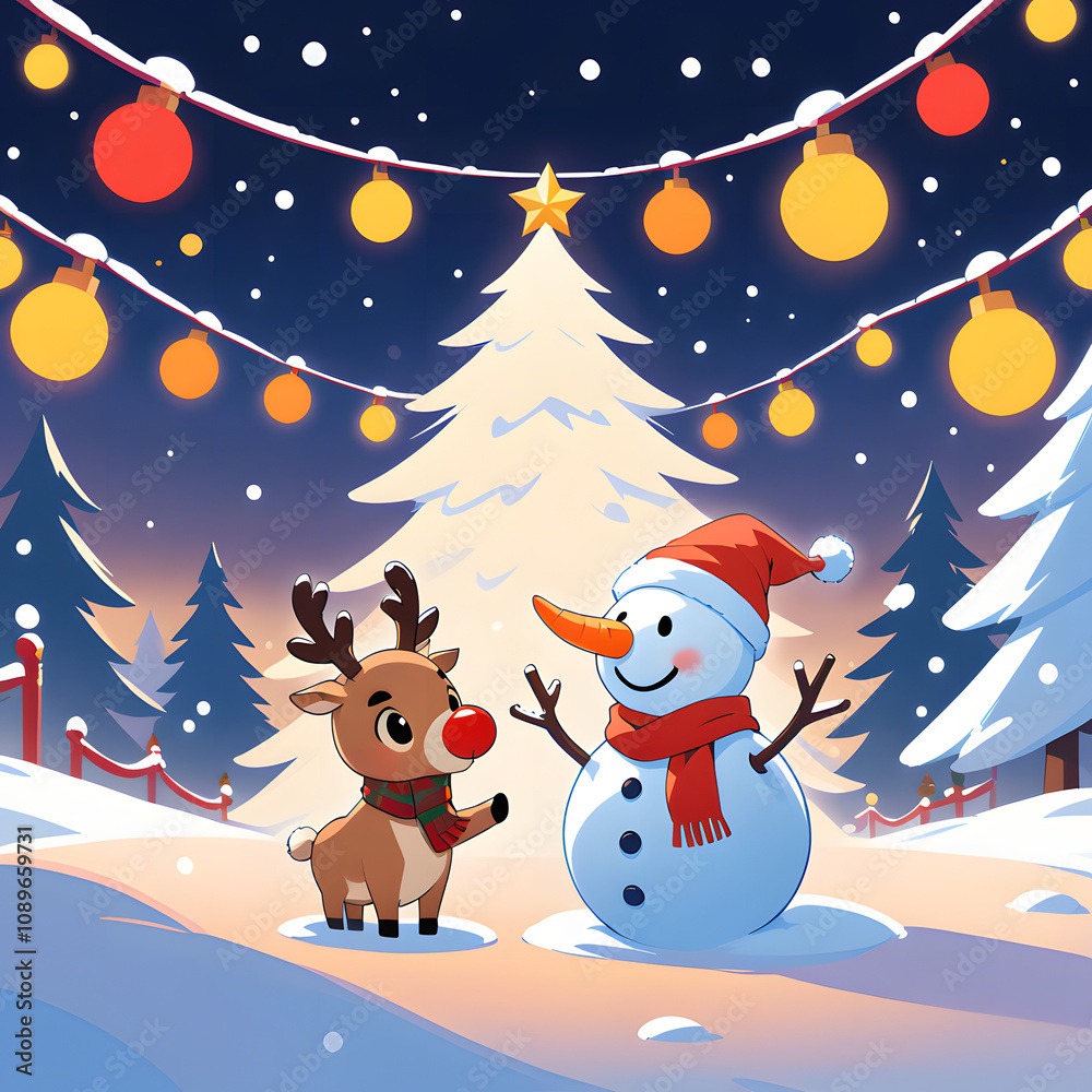 Playful Vector Art of Snowman with Reindeer Surrounded by Christmas Lights Playful Vector Art of Snowman with Reindeer Surrounded by Christmas Lights