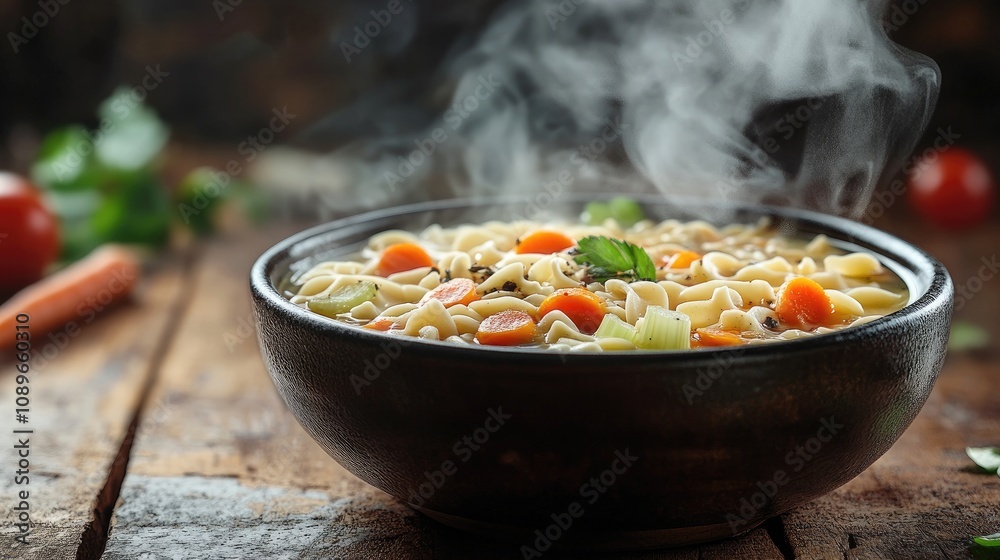 Hot and Savory Vegetable Soup with Fresh Ingredients, Steaming in a Dark Bowl on a Rustic Wooden Table for a Cozy Meal Hot and Savory Vegetable Soup with Fresh Ingredients, Steaming in a Dark Bowl on a Rustic Wooden Table for a Cozy Meal