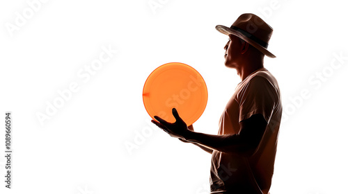 a man wearing a hat holds a frisbee. suitable for sports and outdoor activities with white shades, photo, png photo