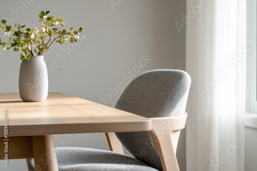 scandinavian dining room, a welcoming scandinavian dining room featuring light wood furniture, soft gray textiles, and vibrant greenery, glowing in golden sunlight