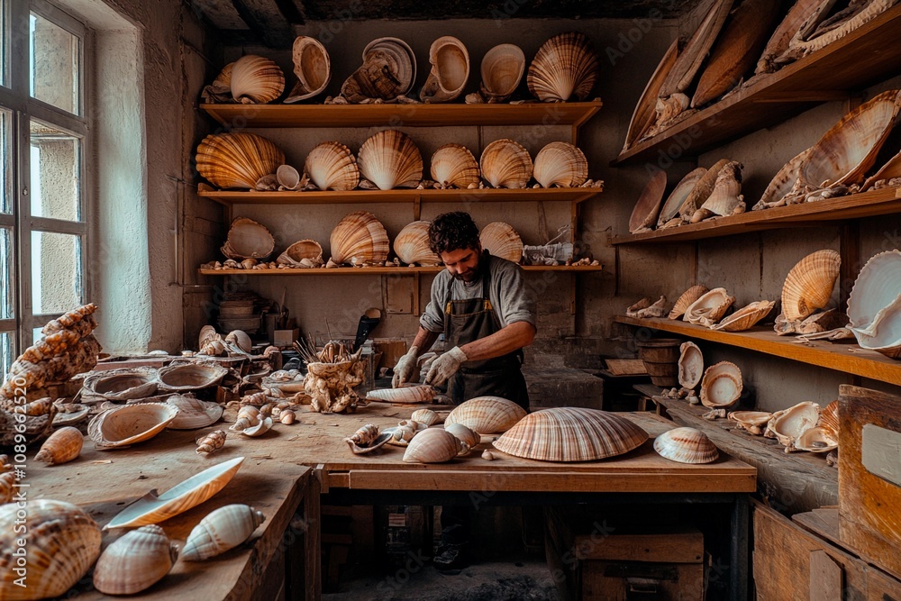 Crafting beauty with shells in a cozy artisan workshop. Generative AI Crafting beauty with shells in a cozy artisan workshop. Generative AI