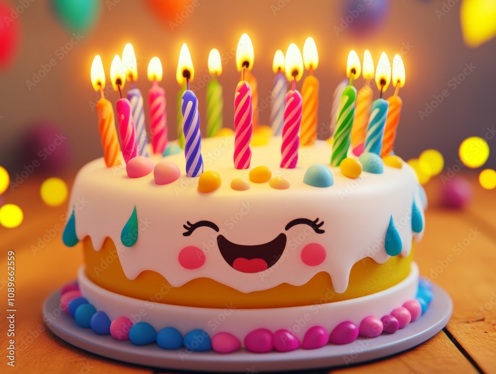 Joyful Birthday Cake with Colorful Candles and Festive Decorations