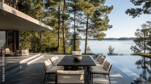 Fototapeta Naklejka Na Ścianę i Meble -  photography of a modern outdoor dining table with comfy beige chairs in a black wood terrace, overlooking a puerto varas lake and pine trees. The view is of calm water
