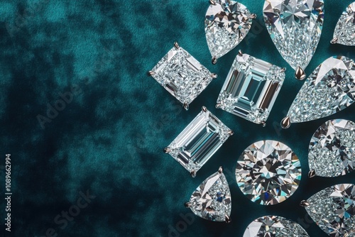 variety of ethical lab grown diamonds in different cuts and sizes, arranged on a sleek, modern surface of blue velvet , showcasing their versatility, minimal royal blue background with copy space