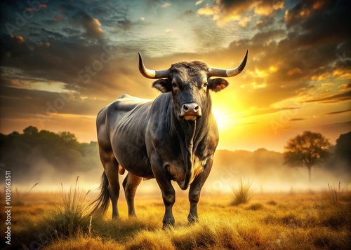 Vintage photography showcases a majestic bull in stark contrast.