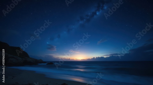 Serene beach at twilight under starry sky