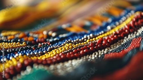 Vibrant Zulu beadwork with unique patterns is beautifully displayed on fabric