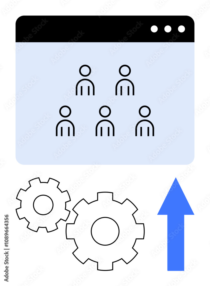 Browser window displaying five user icons above two gears and an upward arrow. Ideal for teamwork, online collaboration, project management, productivity enhancement, workflow optimization, business Browser window displaying five user icons above two gears and an upward arrow. Ideal for teamwork, online collaboration, project management, productivity enhancement, workflow optimization, business