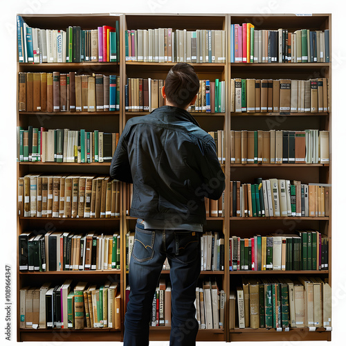 person in library with white shades, png photo