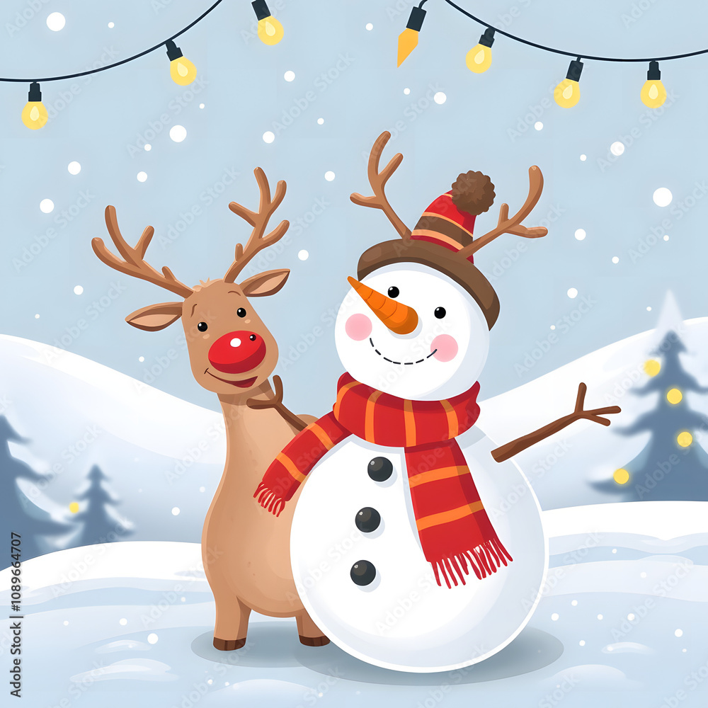 Playful Vector Art of Snowman with Reindeer Surrounded by Christmas Lights Playful Vector Art of Snowman with Reindeer Surrounded by Christmas Lights