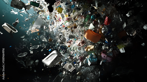 A dramatic depiction of an underwater explosion of plastic debris, symbolizing the overwhelming environmental crisis of oceanic waste.