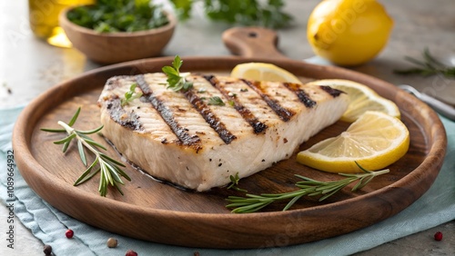 Grilled swordfish steak garnished with rosemary and a slice of lemon, served on a wooden plate.