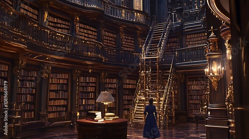 Woman in a grand, circular library with ornate bookshelves, a spiral staircase, and dim lighting.