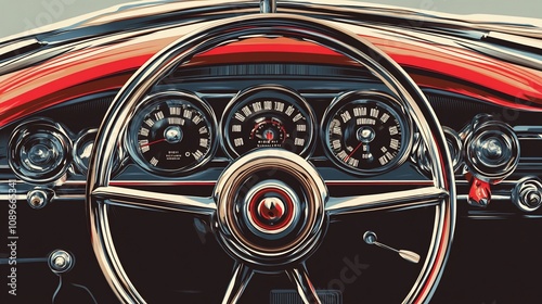 Classic car interior detail; vintage dashboard, steering wheel, speedometer, gauges. photo