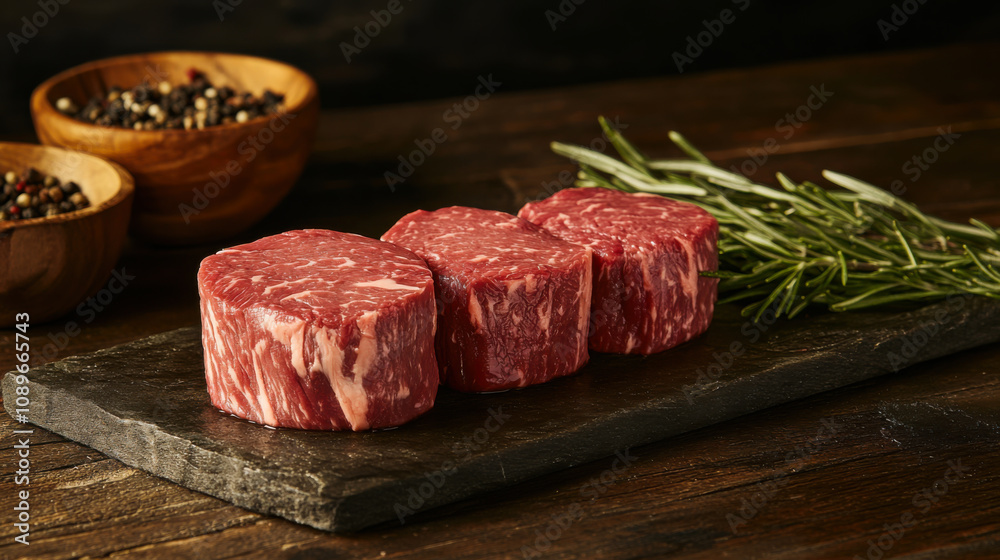 Raw meat roast garnished with fresh herbs on a wooden cutting board set for a festive dinner Raw meat roast garnished with fresh herbs on a wooden cutting board set for a festive dinner