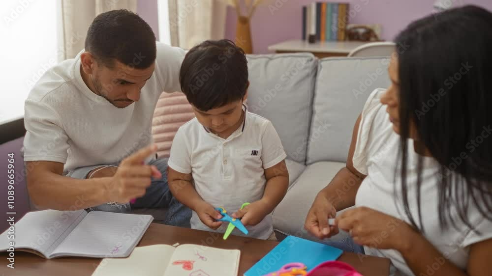 Family engaged in creative activity at home with man, woman, and child drawing and using scissors at a living room table Family engaged in creative activity at home with man, woman, and child drawing and using scissors at a living room table