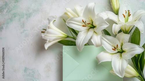 White lilies in a pale green envelope on a light cream background, classic and elegant generative ai