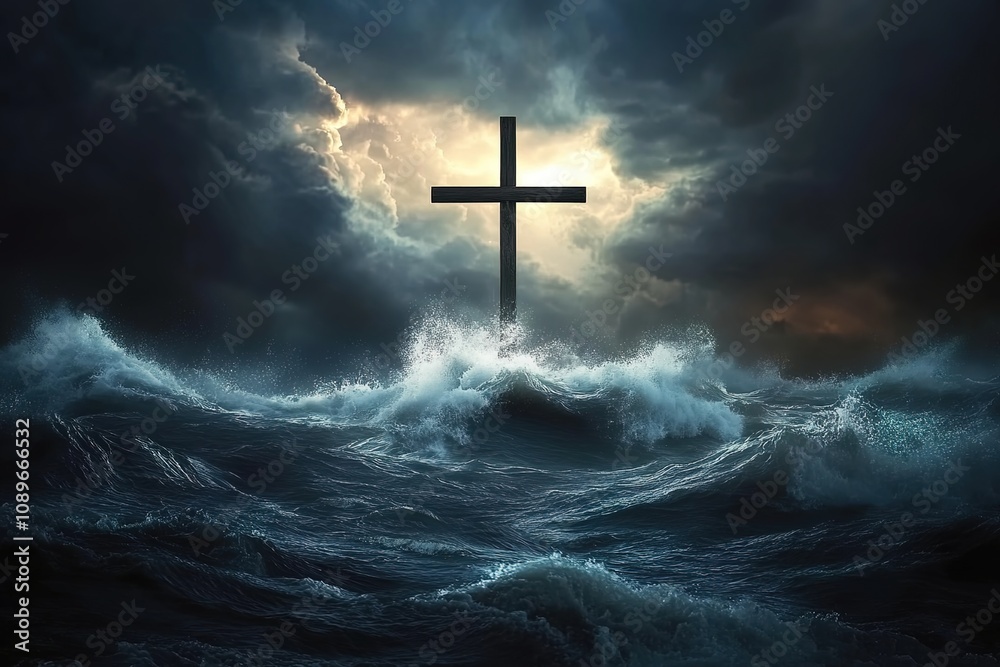 A cross of Jesus floating on the stormy sea, symbolizing his power over demons and life's challenges. A cross of Jesus floating on the stormy sea, symbolizing his power over demons and life's challenges.