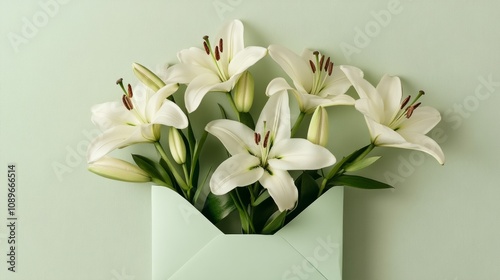 White lilies in a pale green envelope on a light cream background, classic and elegant generative ai