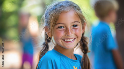 A young girl with blue hair and blue shirt is smiling