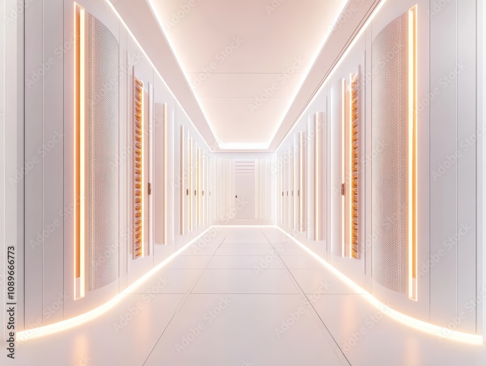 Obraz premium Futuristic Data Center Corridor with Soft Lighting and Sleek Design