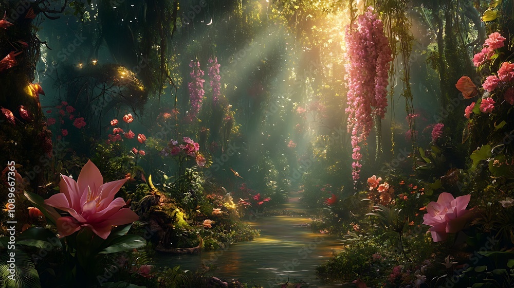 Obraz premium Magical sunlit forest path with pink flowers and flowing stream.