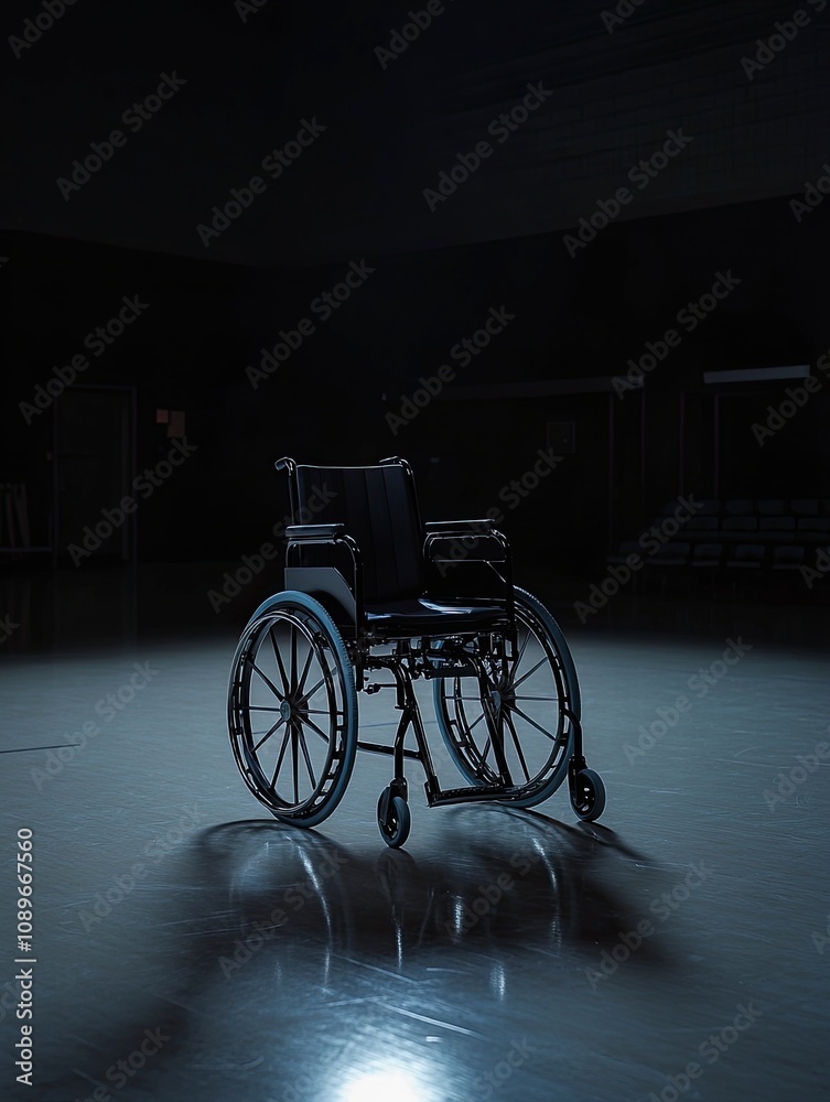 a realistic wheelchair is placed in the middle of a gymnasium in the dark, with a single light shining on it. generative ai a realistic wheelchair is placed in the middle of a gymnasium in the dark, with a single light shining on it. generative ai