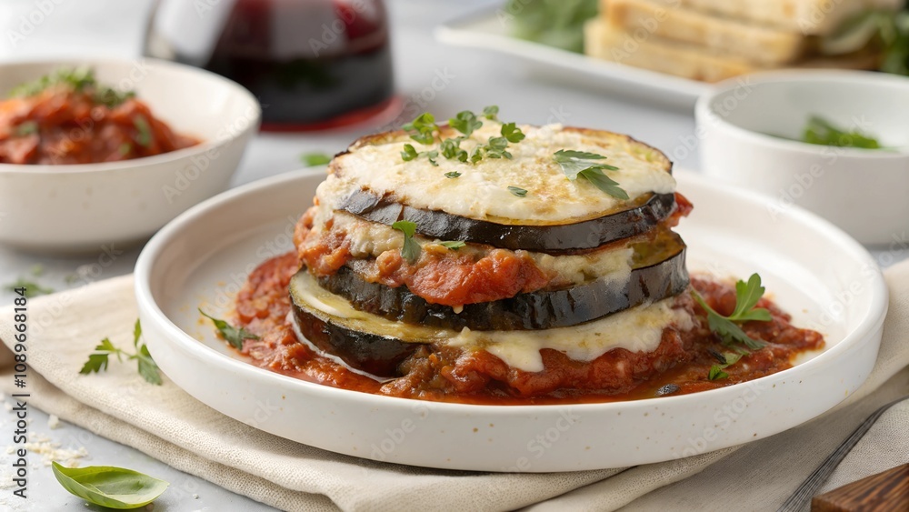 Layered Eggplant Parmesan on White Plate Layered Eggplant Parmesan on White Plate