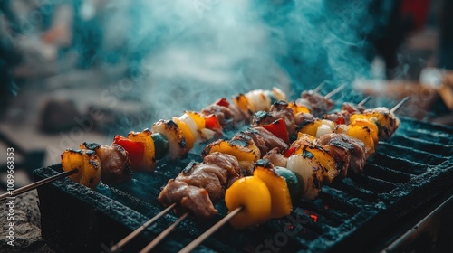 Grilled Skewers of Meat and Vegetables on the Barbecue as Smoke Rises in a Summer Outdoor Setting with Vibrant Colors and a Relaxed Atmosphere photo