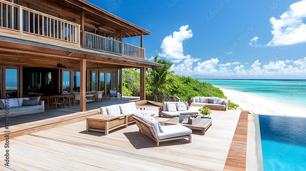 Fototapeta premium Luxurious beachfront villa with infinity pool, deck, and stunning ocean views.