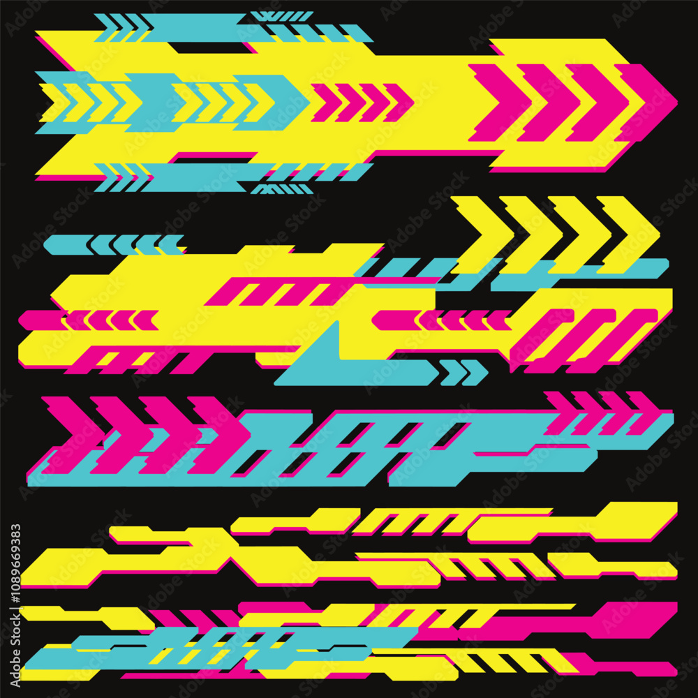Naklejka premium cyberpunk y2k 2000s gaming futuristic icon pattern set collection template hud for branding fashion t-shirt decoration decals, 2d illustration rendering vector 