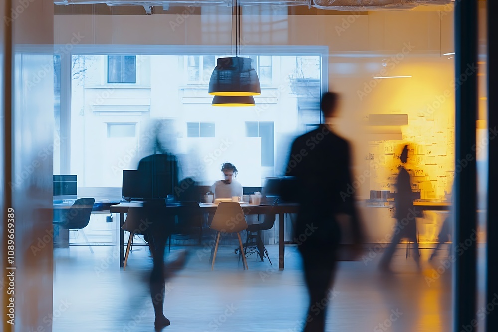 Blurred silhouettes of professionals collaborating in a bright workspace Blurred silhouettes of professionals collaborating in a bright workspace