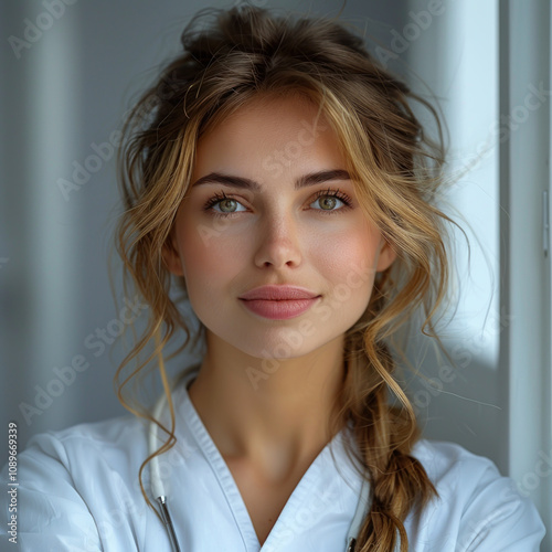 Portrait of a doctor in white uniform Medical protective clothes with stethoscope on neutral grey background isolated. Female beautiful young intern woman girl . Healthcare avatar icon. Cosmetology 