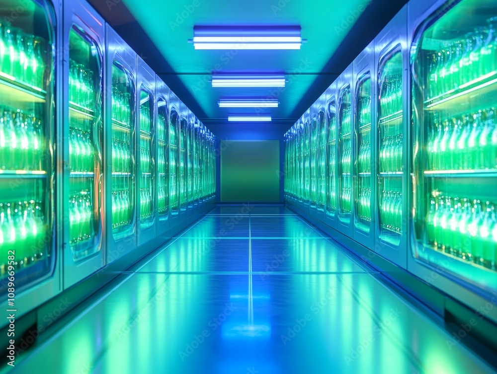 Fototapeta premium Illuminated Aisle of Refrigerated Bottles in a Futuristic Convenience Store