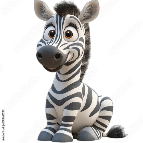 cute cartoon zebra with big eyes and friendly smile, sitting happily. This playful character is designed with classic black and white stripes, showcasing joyful expression