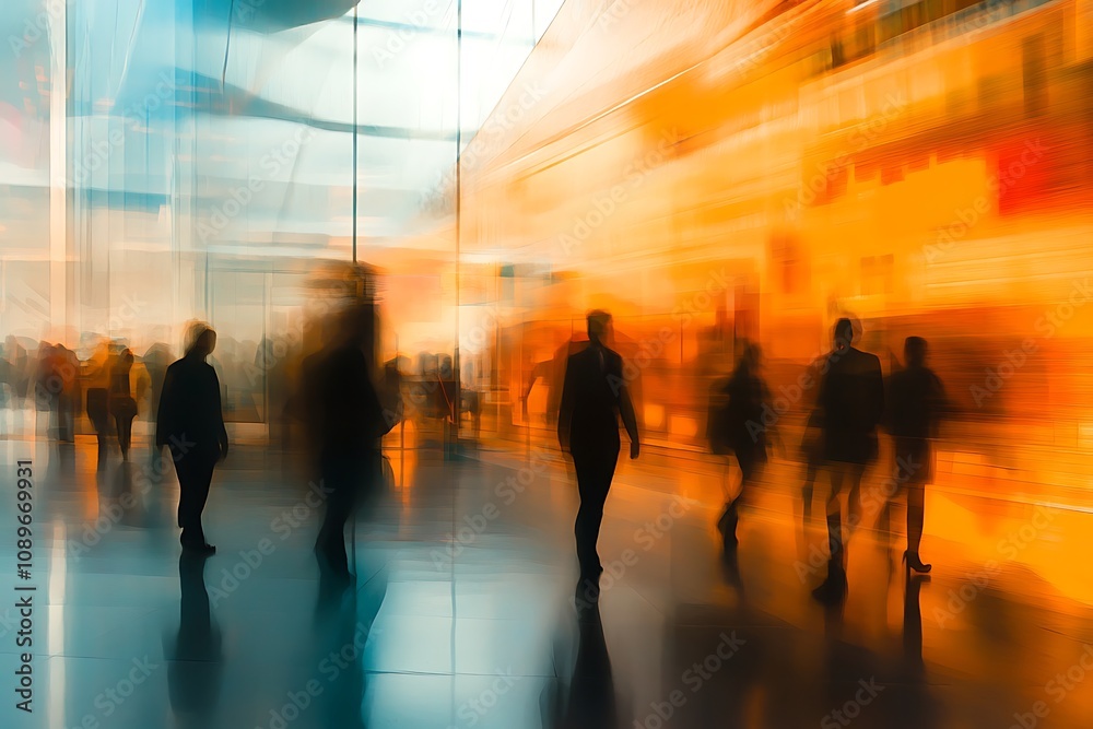 Blurred silhouettes of professionals walking through an urban business hub