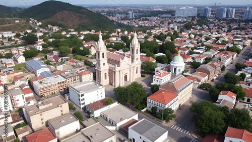 Aerial View of Maringa, Cathedral and downtown. Several buildings. photo