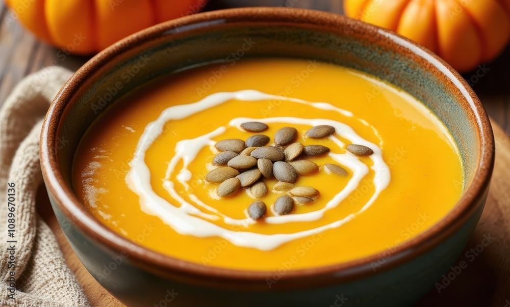 Creamy pumpkin soup with seeds and swirl Creamy pumpkin soup with seeds and swirl