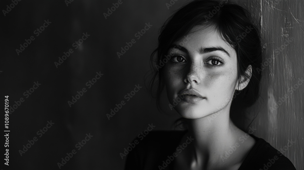 A young woman poses thoughtfully against a textured wall in soft black and white, radiating calm confidence in a quiet moment A young woman poses thoughtfully against a textured wall in soft black and white, radiating calm confidence in a quiet moment