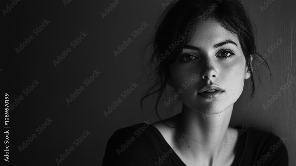 Fototapeta premium A young woman poses thoughtfully against a textured wall in soft black and white, radiating calm confidence in a quiet moment