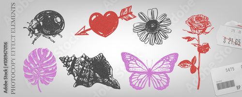 Retro photocopy effect vector elements, Y2K grainy rose and chamomile flowers, ladybug and butterfly, seashell, heart