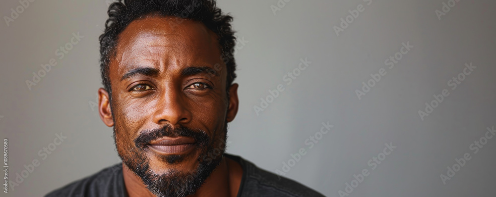 A portrait photo of an smiling happy afro-american men male with brown hairs and eyes with copy space grey background A portrait photo of an smiling happy afro-american men male with brown hairs and eyes with copy space grey background