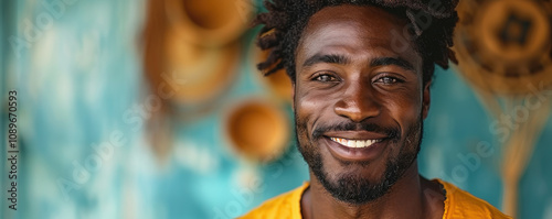 A portrait photo of an smiling happy men male with brown hairs and eyes with copy space background