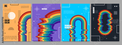 Vector illustration. Twisted rainbow shape with memphis pattern geometric elements. Design elements for poster, magazine, book cover, layout, brochure. Retro futuristic art design. Distorted boho arch